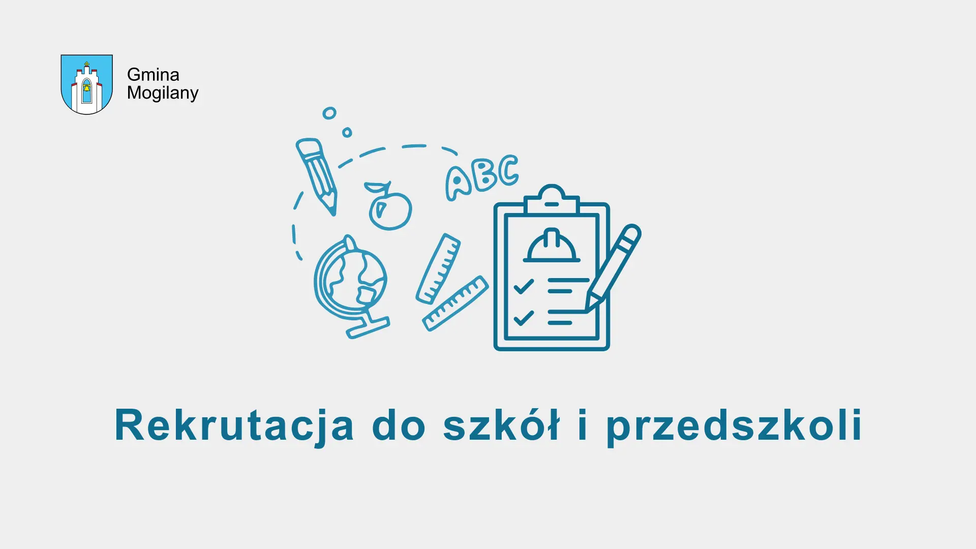 Grafika z formularzem i przyborami szkolnymi + napis: rekrutacja do szkół i przedszkoli